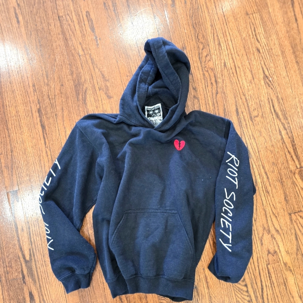 riot society Black Hoodie with Red Heart Graphic